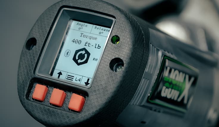 A close-up of the LION GUN X Electric Torque Tool showing the easy-to-use digital display